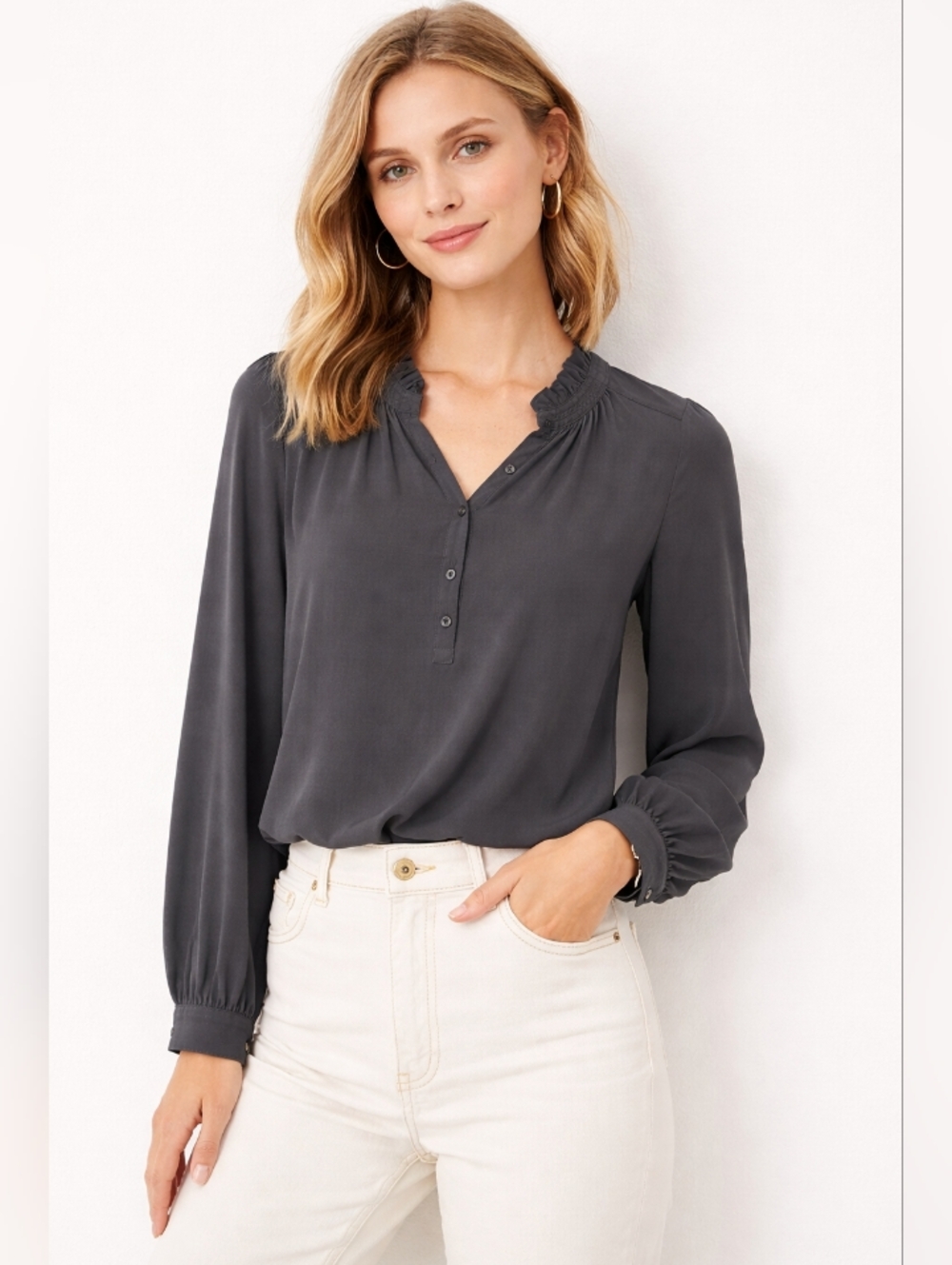 LOFT Dark Gray Women Medium Ruffle-Neck Partial Bottons Long Sleee Blouse